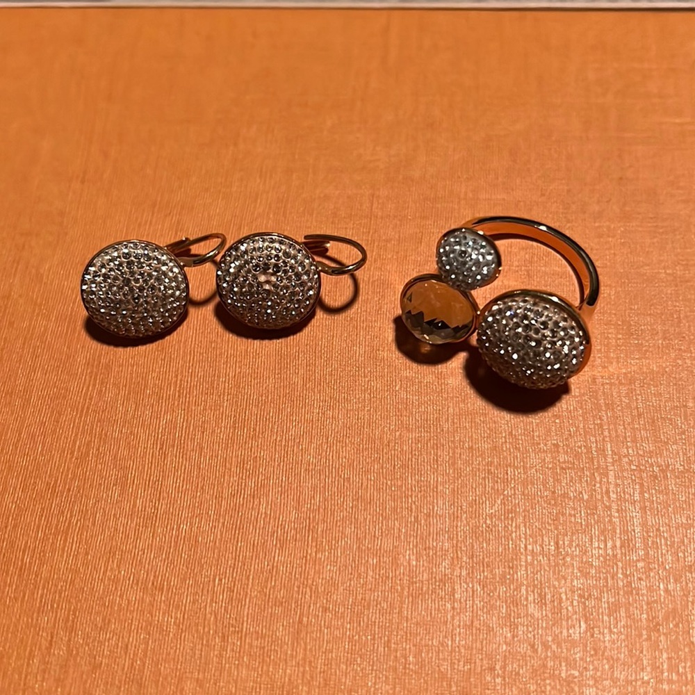 Swarovski crystal rose gold Earrings and ring set. Ring is size 7.5
